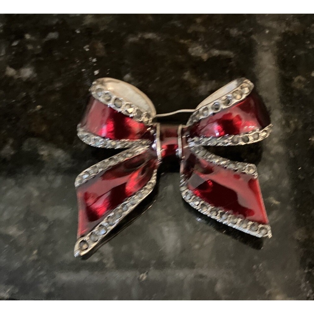 Vintage Bow Brooch With Marcasite And Red Enamel 2"